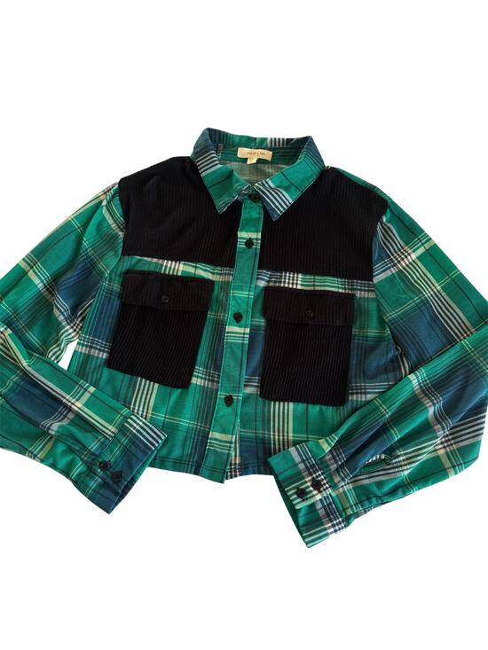 Paper + Tee Tops - Paper + Tee Green and Black Cropped Plaid Button Up Shirt Juniors Size Large